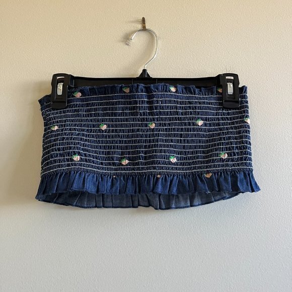 URBAN OUTFITTERS ROSIE RUFFLE TUBE TOP SIZE S DENIM BLUE PEACHES PEACH CROP - Picture 3 of 6